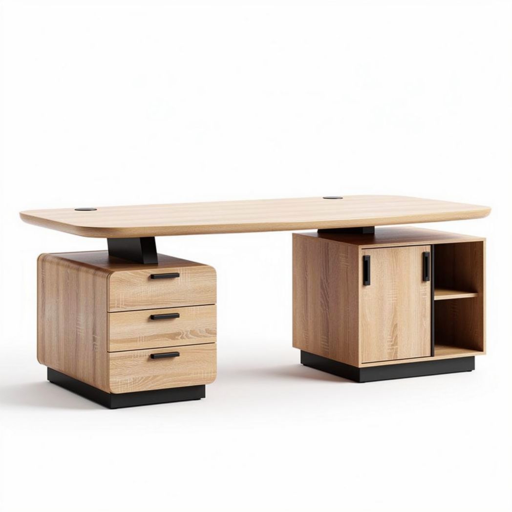 Wooden office desk with storage drawers and open shelf in natural finish